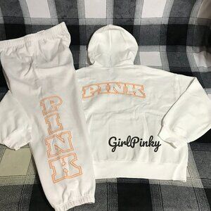 VS PINK IVY FLEECE CAMPUS SWEATPANTS & FULL ZIP HOODIE WHITE & ORANGE LOGO L-XXL